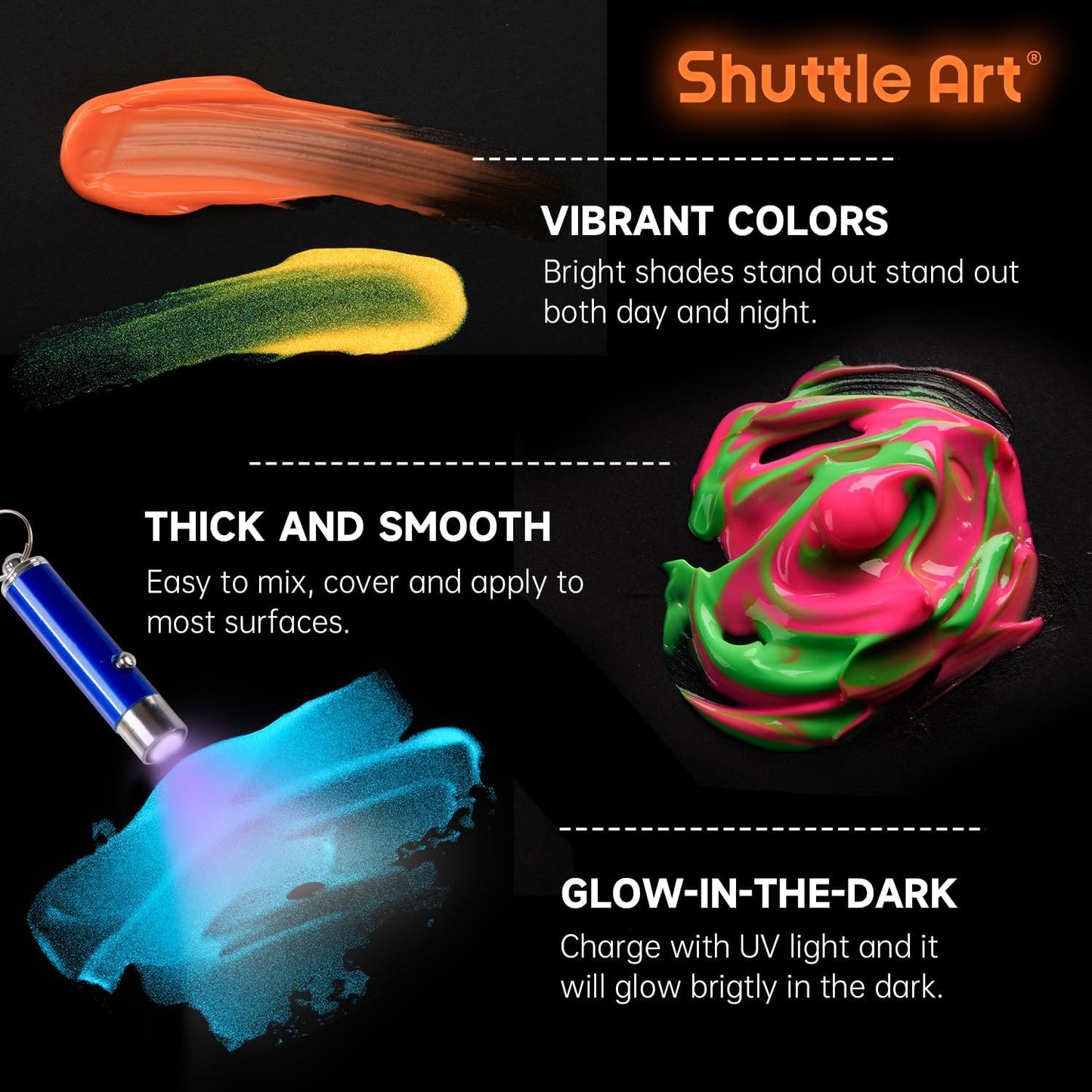 Shuttle Art Glow in the Dark Paint, 12 Colors with UV Light, 2oz/60ml Bottles, Ideal for Art Painting and Crafts, Great for Artists, Beginners on Rocks, Wood, Canvas, Fabric, and Halloween Decorations