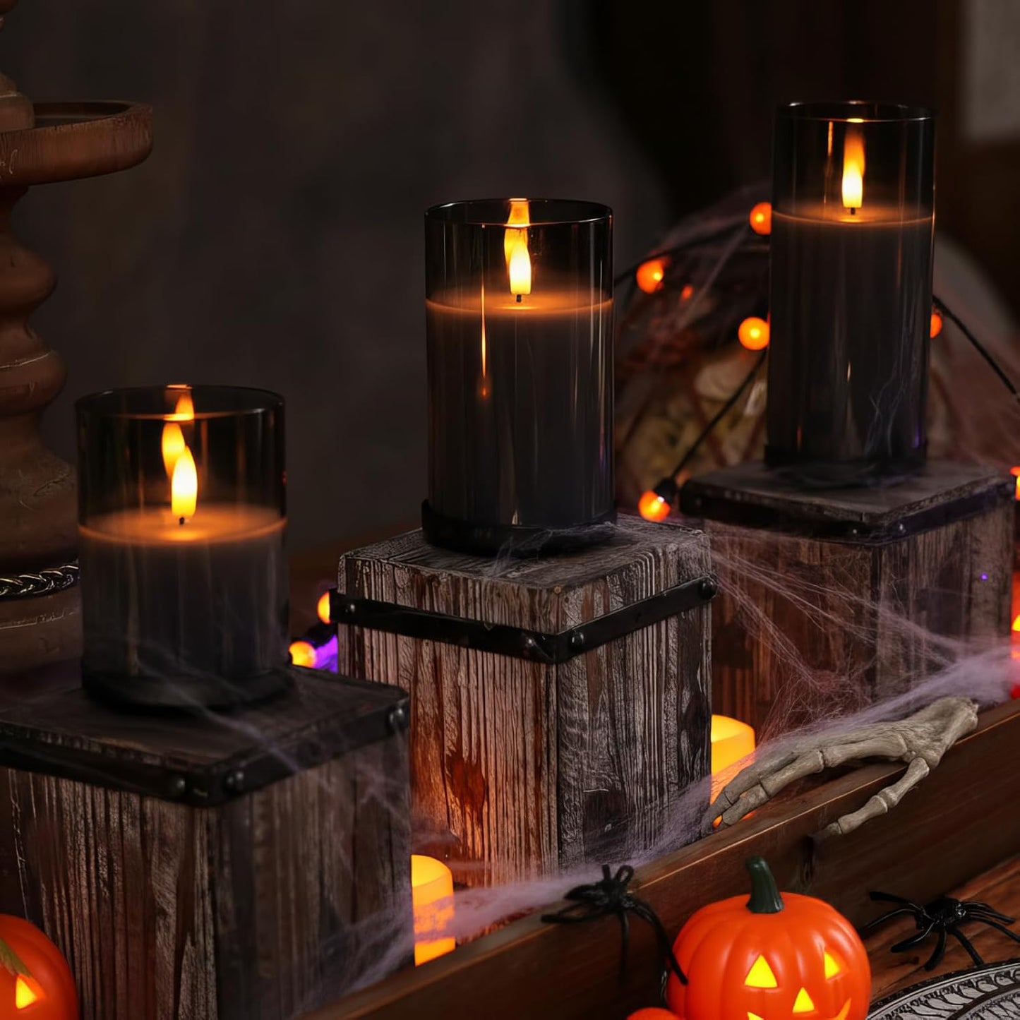 Homemory Grey Glass Flameless Candles, Battery Operated LED Pillar Candles with Remote Control and Timer, Radiance Candles, Real Wax, Set of 3,D3 xH4 5" 6"