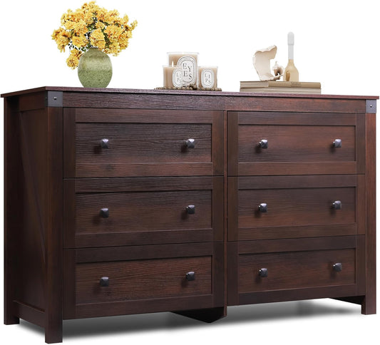 WLIVE Farmhouse 6 Drawer Dresser for Bedroom, 53.07'' Wide Wood Dresser, Storage Organizer with Double Rustic Handle, TV Stand for 60 inch TV, Chest of Drawers for Living Room, Hallway, Brown