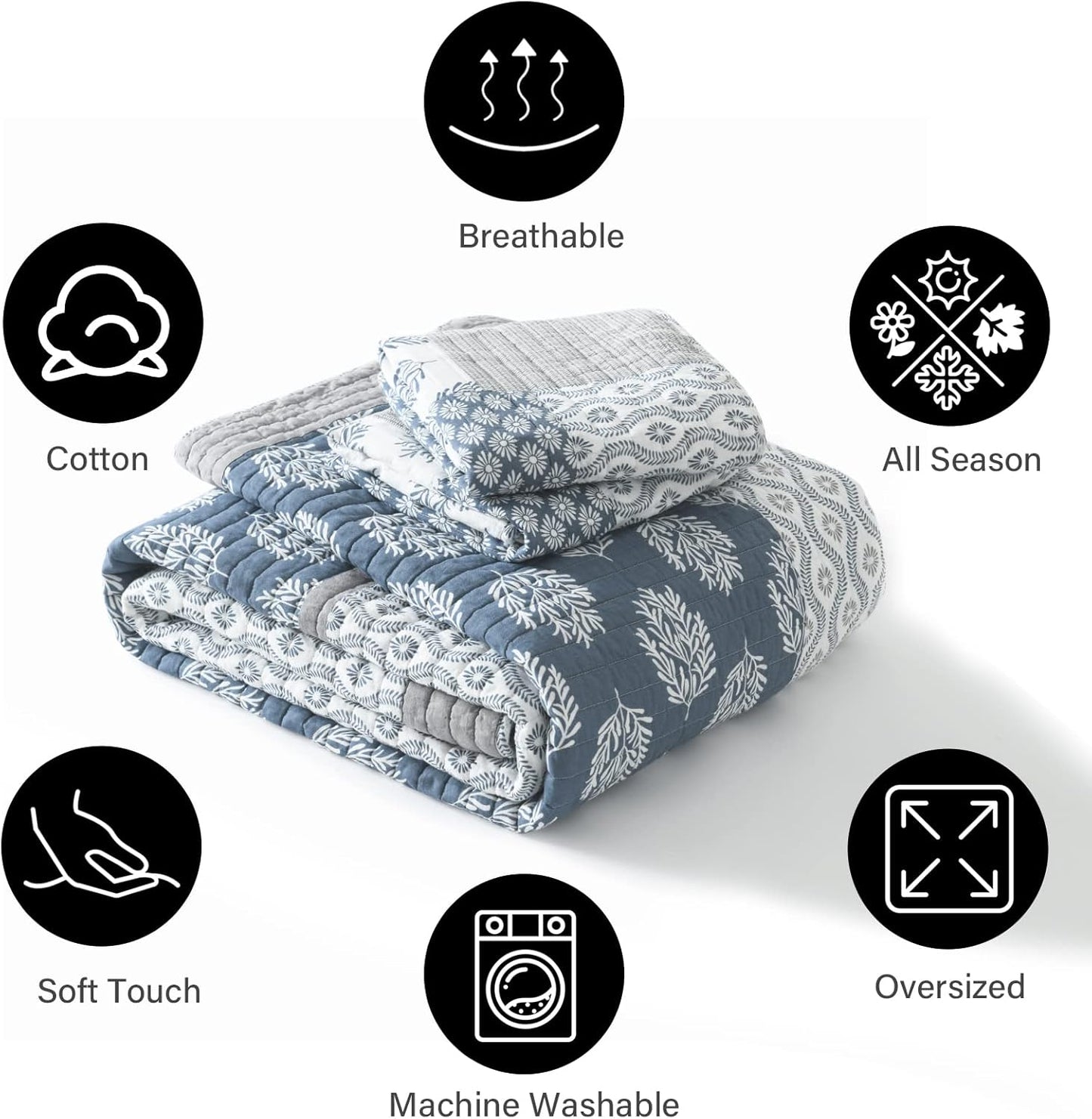 PANGUSHAN Quilt Set King Size, 100% Cotton Bedspread Quilt Bedding Set, Patchwork Reversible Floral Quilt for King Bed, Blue/Grey/White Bed Spread, Lightweight Comforter for All Season, 3 Pieces