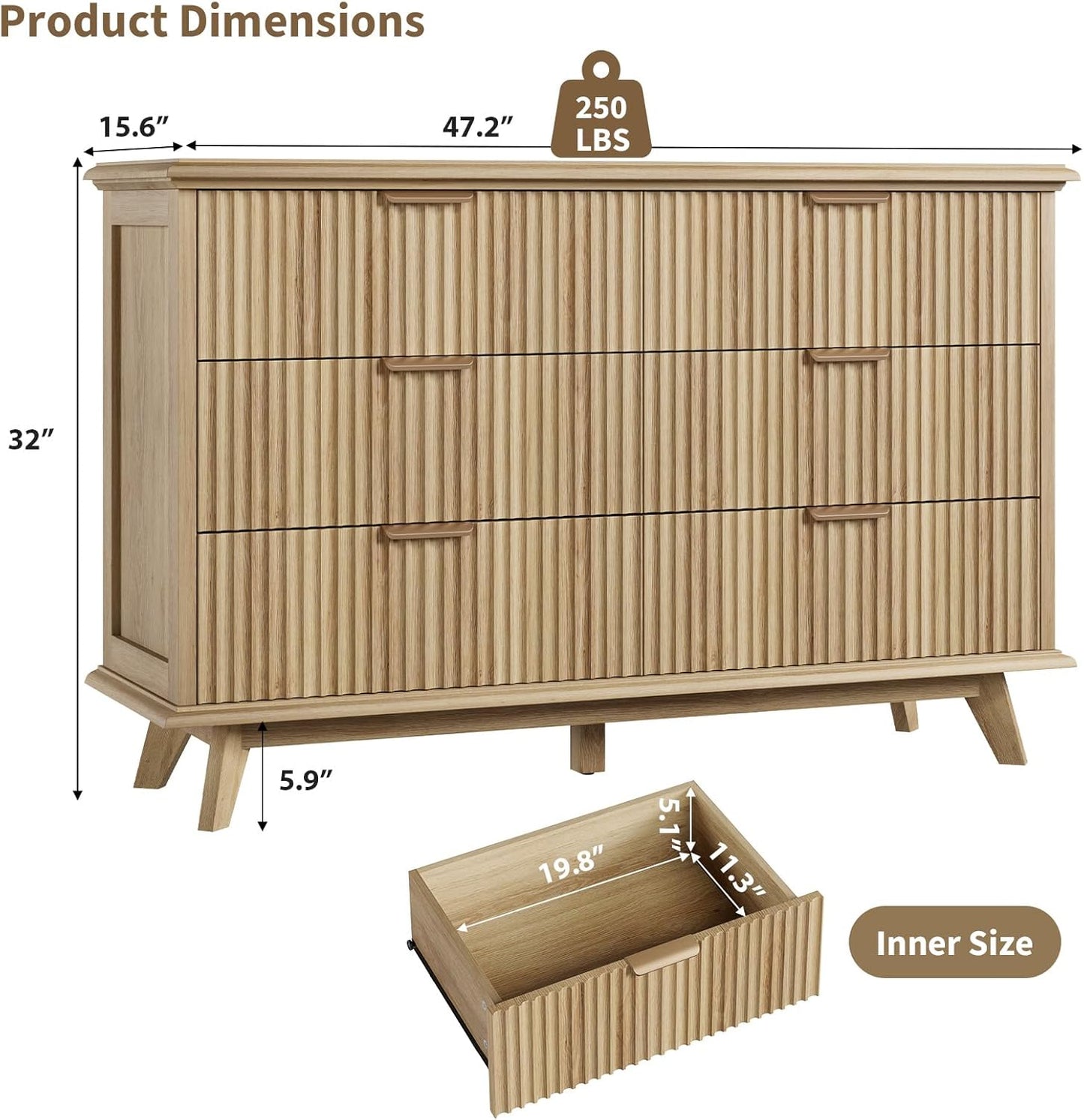 QUW Fluted Dresser for Bedroom with 6 Drawers, 47.2" Wide Modern Chest of Drawers with Metal Handle, Wooden Dresser TV Stand and Closet Clothes Storage Organizer for Living Room, Hallway, Natural Oak