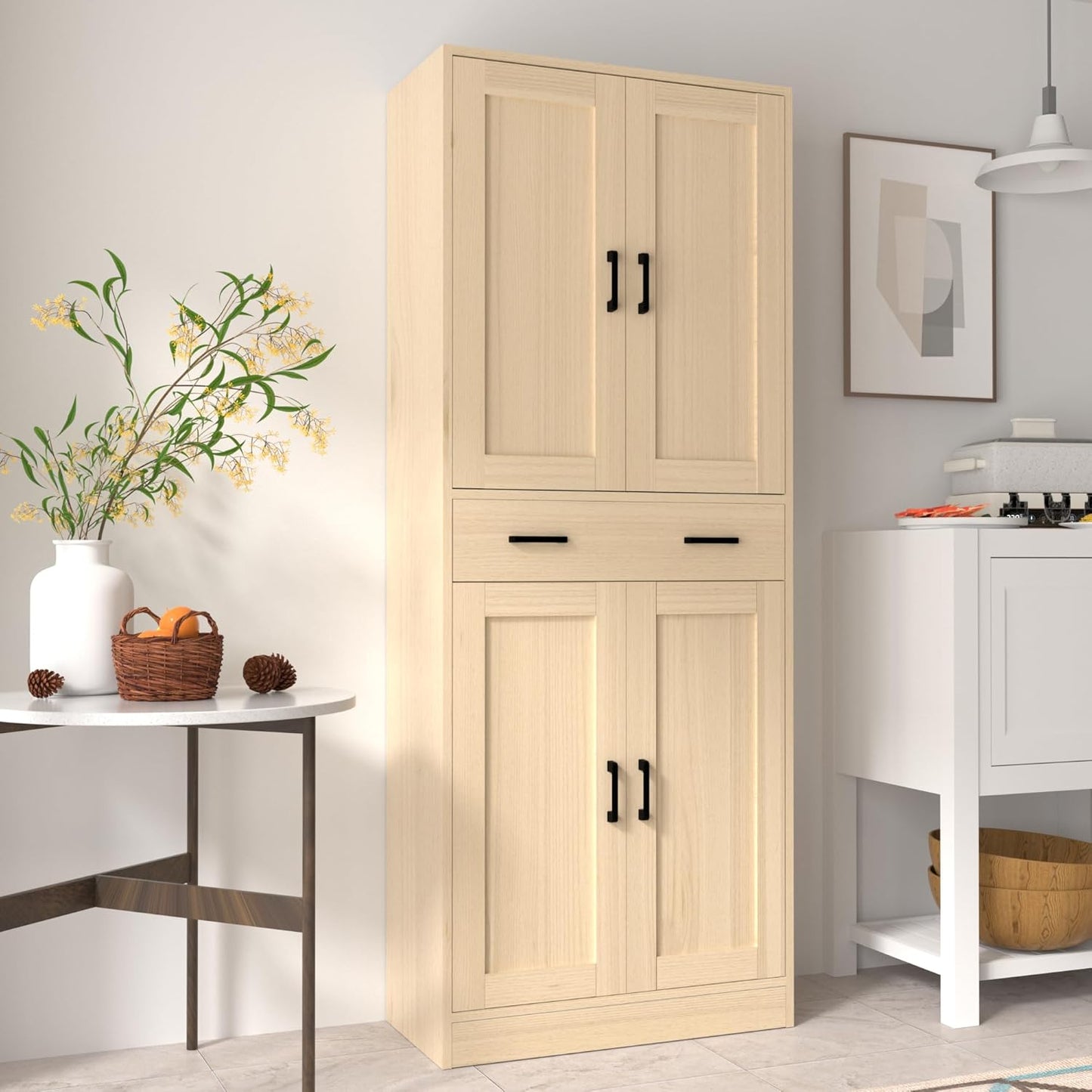 Oak Kitchen Pantry, 71" Tall Storage Cabinet with Doors and Drawer for Kitchen, Hallway, Office