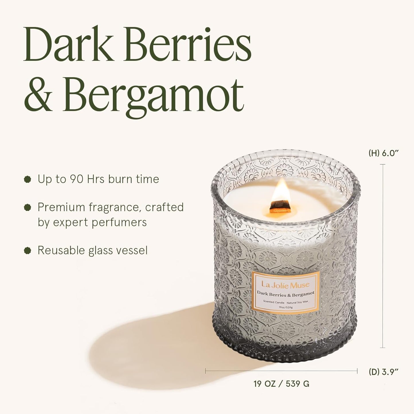 LA JOLIE MUSE Dark Berries & Bergamot Candle - Berries, Grape, Caramel | 19 oz Large Wooden Wick Candle | Natural Soy Wax | 90 Hours Clean Burn | Gift-Ready for Hosts & Gatherings | Elegant Home Décor