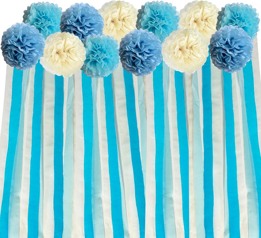 Blue Party Streamers Decorations Paper Pom Poms Fringe Backdrop for Wedding Decor, Birthday, Bachelorette, Baby Shower, Party Backdrop