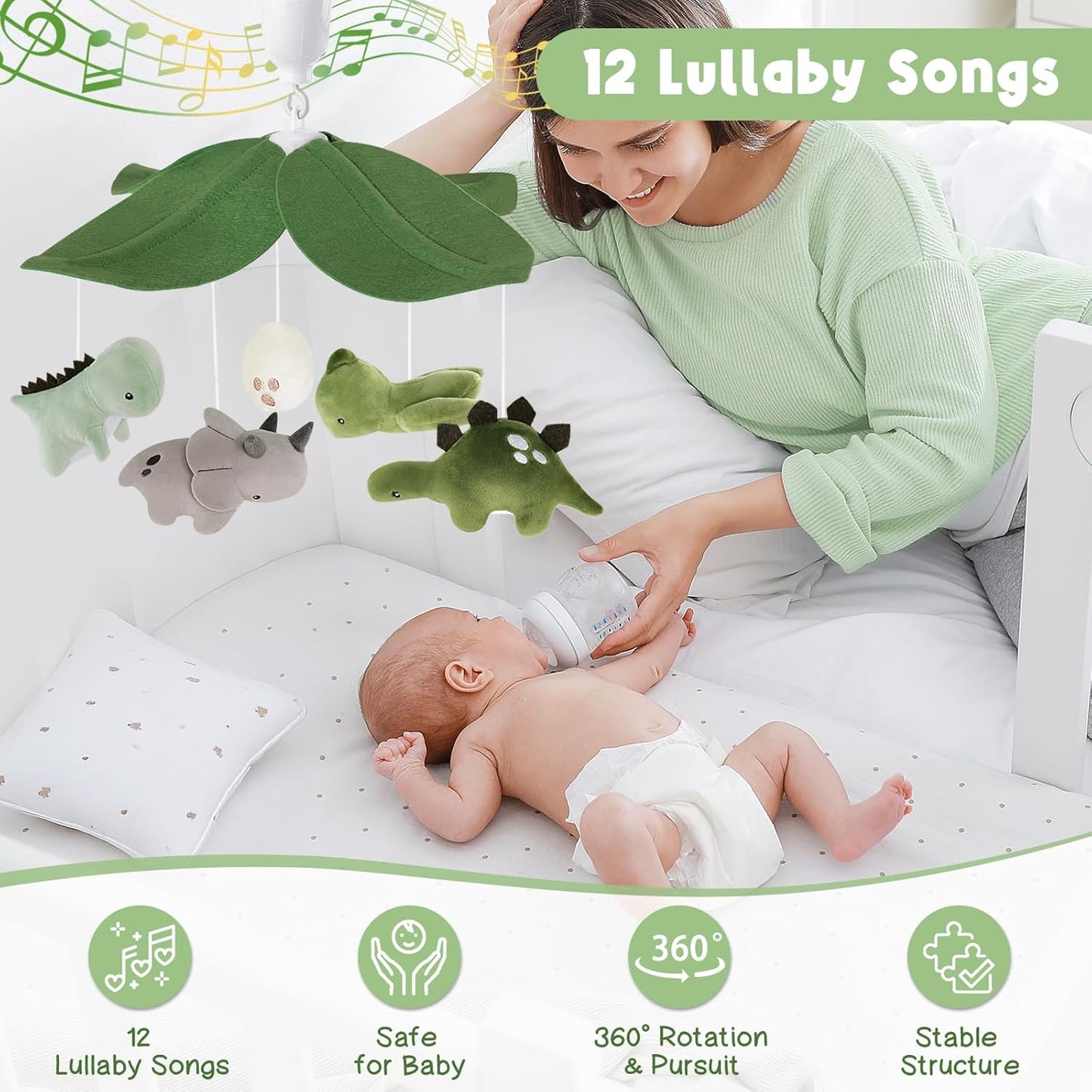 Dinosaur Crib Mobile – Grey and Green Dino Baby Crib Mobile with 3-Mode Music Box, Jurassic Dreams Baby Mobile for Boys & Girls, Nursery Mobiles, Fits Standard Cribs