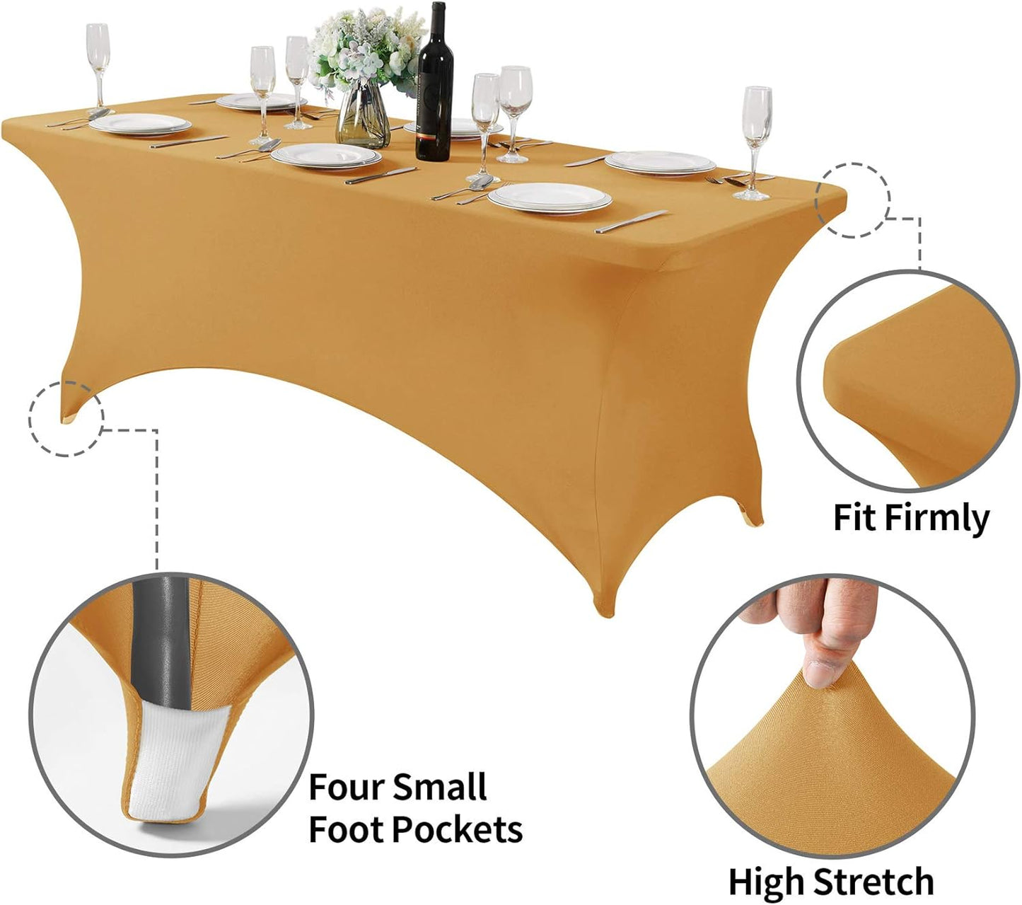 2Pack Spandex Table Cover for 6Ft or 4fT or 8ft Table Universal Fitted Stretch Tablecloth for Party, Banquet, Wedding and Events-Gold