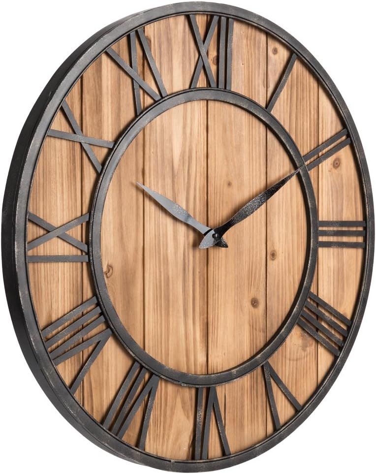 Oldtown Farmhouse Metal & Solid Wood Noiseless Wall Clock (Wood, 24-inch)
