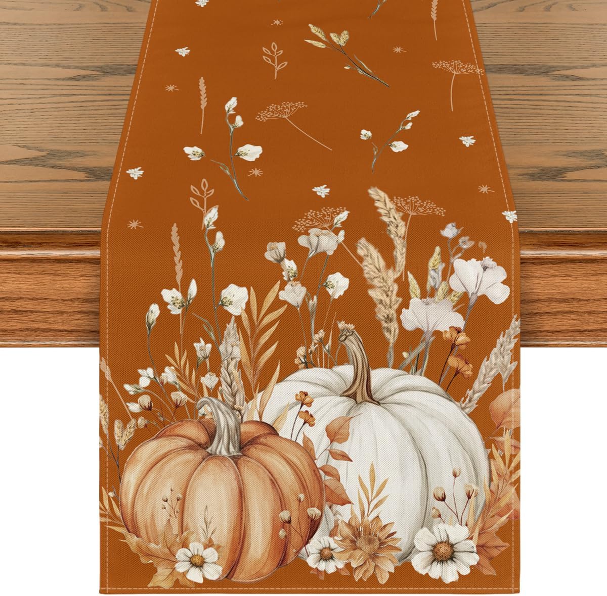 Artoid Mode Orange Pumpkins Leaves Flowers 210 GSM Fall Table Runner, Seasonal Autumn Kitchen Dining Table Decoration for Home Party Decor 13x90 Inch