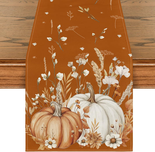 Artoid Mode Orange Pumpkins Leaves Flowers 210 GSM Fall Table Runner, Seasonal Autumn Kitchen Dining Table Decoration for Home Party Decor 13x120 Inch