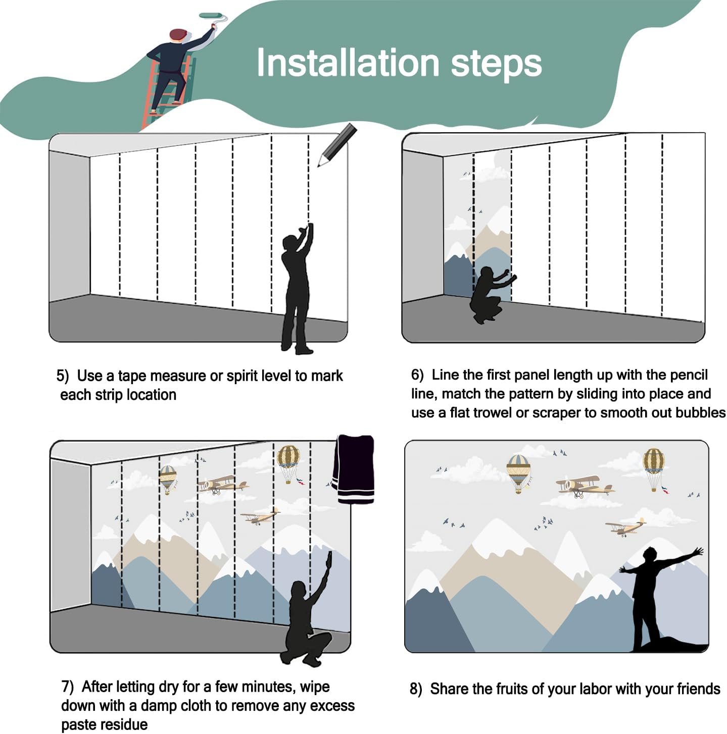 -Children's Room Cartoon Balloon Mountain Fabric Wallpaper Nursery Mural 180" x 115" (Not Peel and Stick)