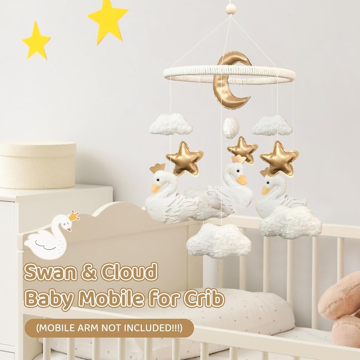 Baby Mobile for Crib Swan Nursery Decor for Girls Handmade Boho Baby Crib Mobile Cloud Moon Star for Infant Bassinet Bedroom Hanging Felt Princess Swan Nursery Room Decor Newborn Gifts