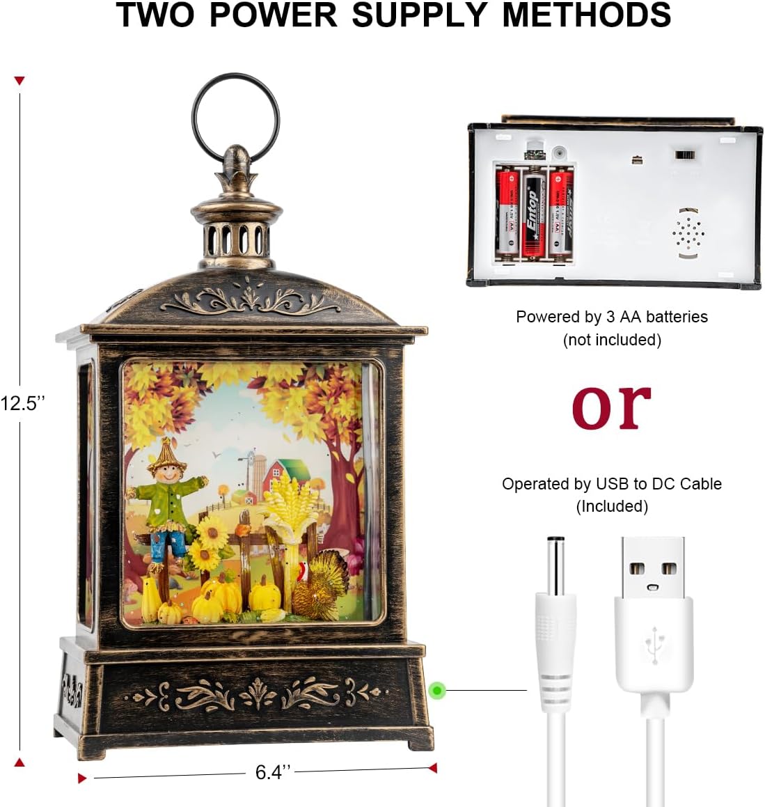 12.5'' Fall Snow Globe Lantern - Thanksgiving Glittering Lighted Lantern, Fall Decorations Autumn Harvest Day Gifts, Home Fall Halloween Decor (Scarecrow &Turkey)