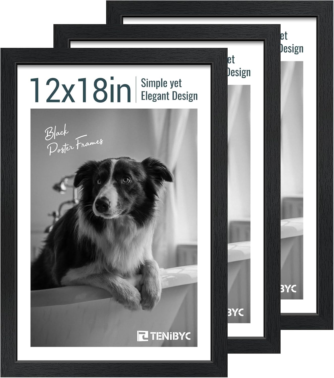 12x18 Poster Frame Set - 3 Pack, Textured Black Solid Wood with HD Tempered Glass, Wall Gallery Picture Photo Frame