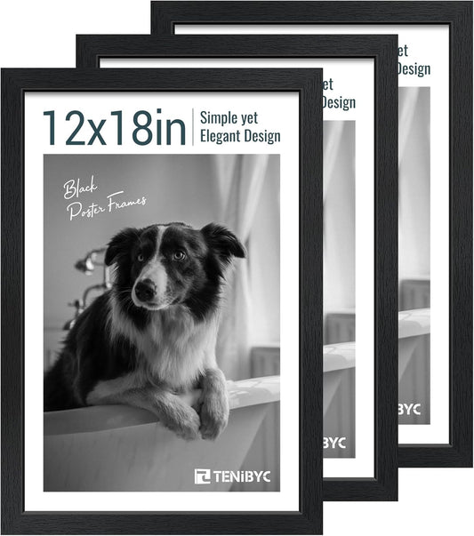 12x18 Poster Frame Set - 3 Pack, Textured Black Solid Wood with HD Tempered Glass, Wall Gallery Picture Photo Frame
