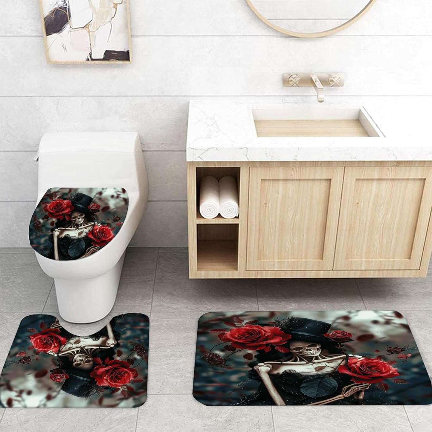 NEWSUYAA Halloween Decorations Shower Curtain Set with Non-Slip Rugs and Bath Mats,Black Skull Skeleton Bathtub Curtains with 12 Hooks,All Saints'Day (Nov 1st) Bathroom Decor