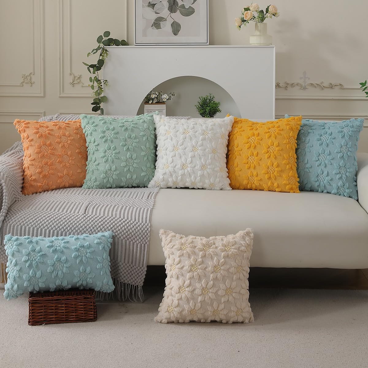 DFXSZ Spring Summer Pillow Covers 16x16 inch Set of 2 Farmhouse Decor Yellow Flower Heart Sunflower Beige Soft Plush Faux Fur Jacquard Throw Pillows for Sofa Holiday Spring Home Decor PTK024E16