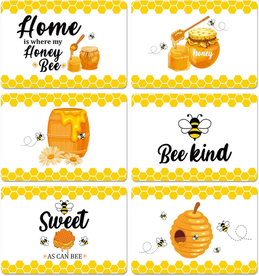 Honey Bee Placemats Set of 6 Summer Plastic Table Mats Yellow Bee Theme Placemats Washable Farmhouse Rustic Holiday Table Decoration for Indoor Outdoor Party Kitchen Dining