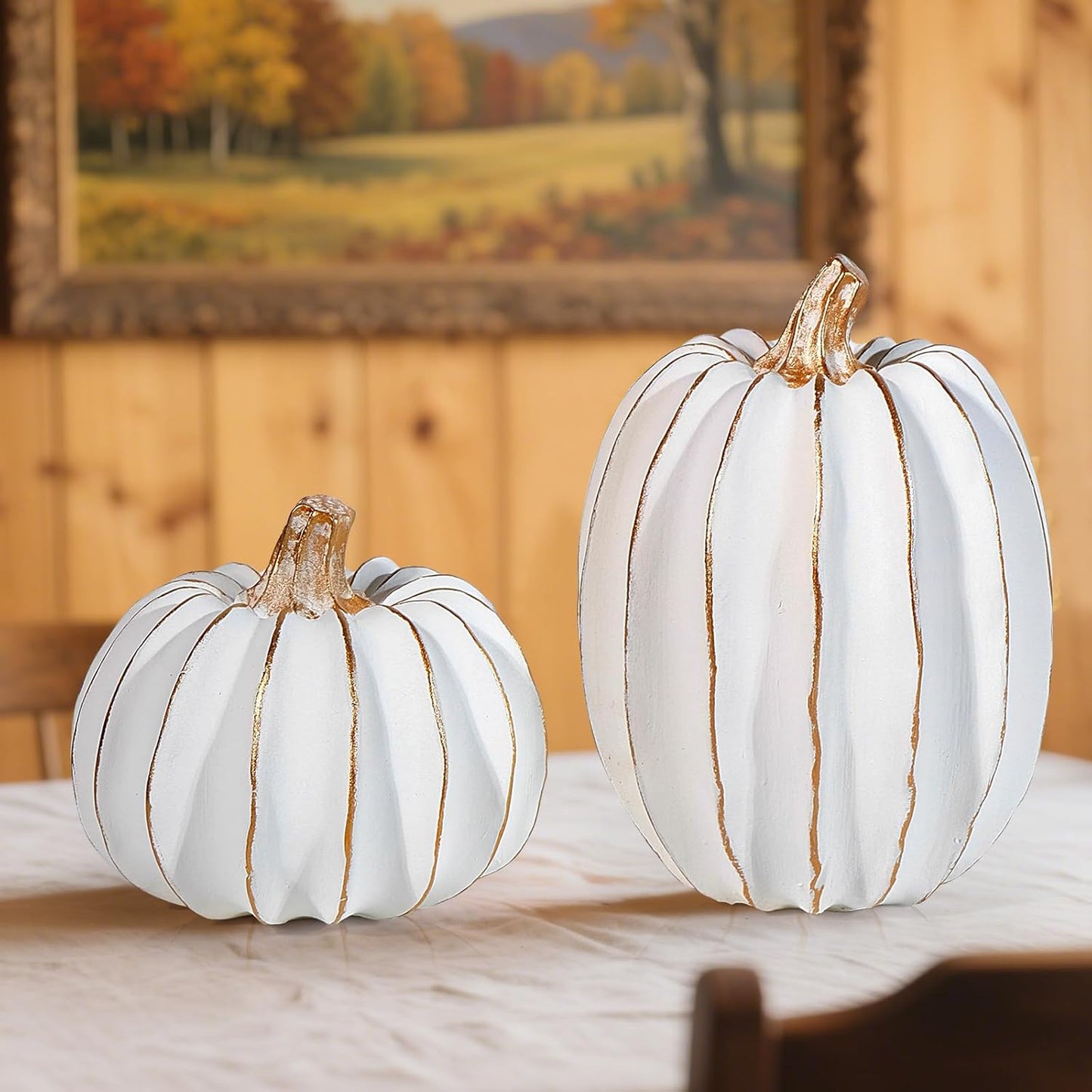 2Pcs Halloween Pumpkin Artificial Resin Pumpkins Decor for Mantel Harvest Autumn Tabletop Decoration Gold Fall Pumpkin Decorations Thanksgiving Table Centerpieces (Set C, ONE Size)