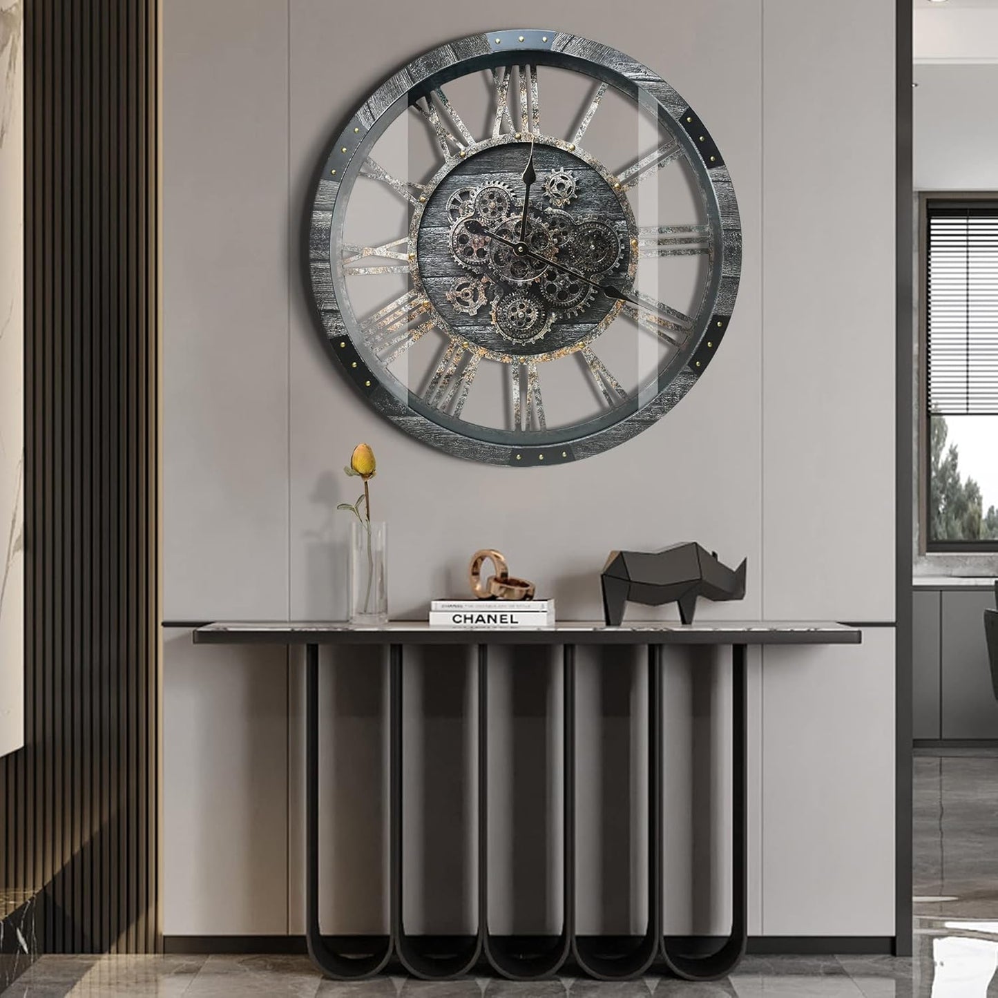 DORBOKER 27" Real Moving Gears Large Wall Clock with Toughened Glass Cover, Giant Wood Farmhouse Clock, Oversized Vintage Industrial Rustic Clock for Living Room Decor Home Kitchen (Carbon Grey)
