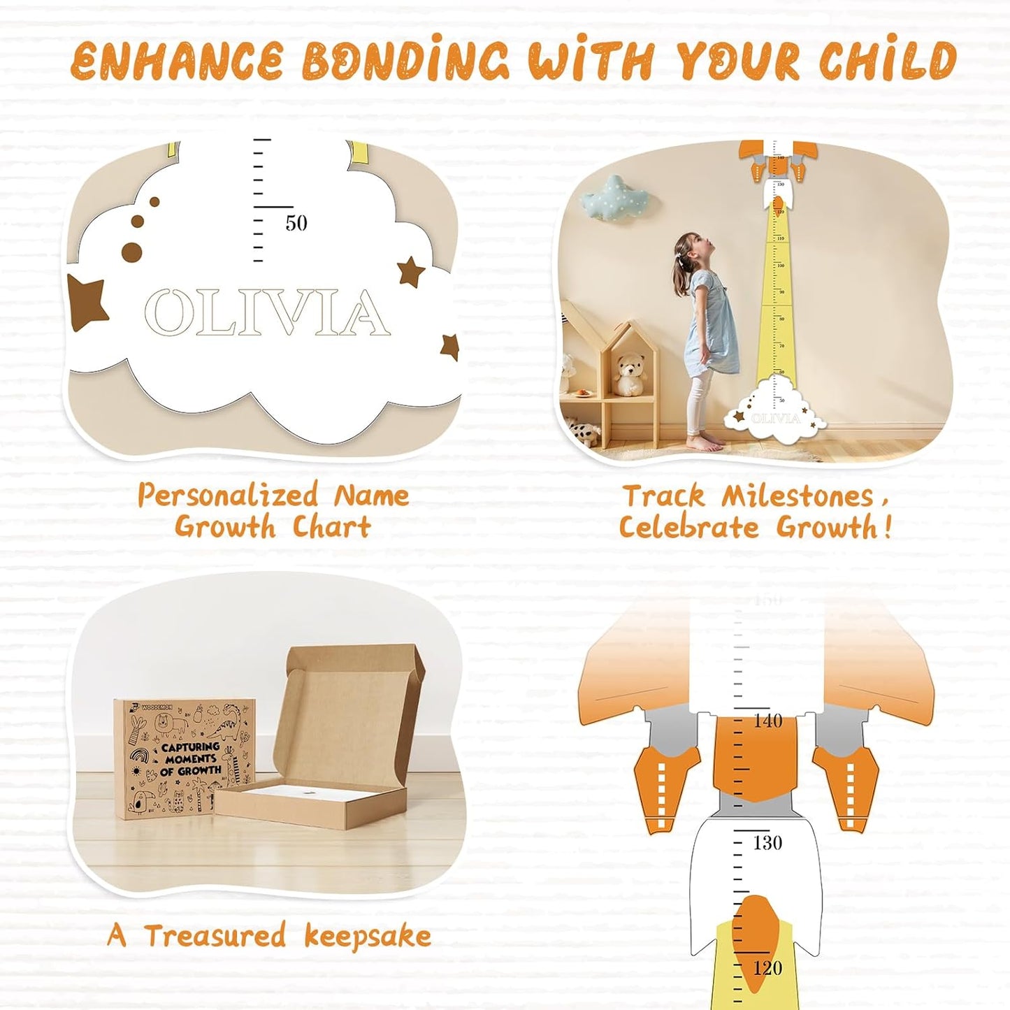 Personalized Name Height Chart for Kids, Cute Rocket Wooden Growth Chart for Kids, Wall Height Chart for Children, Cute Wall Ruler for Kids, Track Height Measurement, Easy to Install