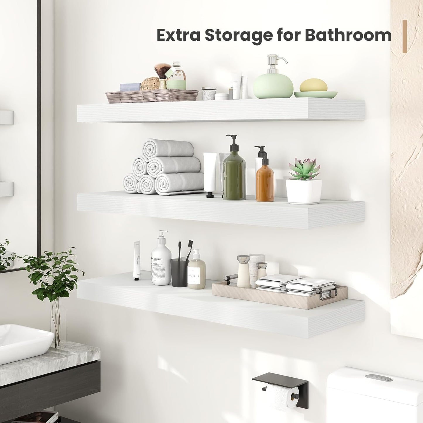 Heimlove 12 Inch Deep Floating Shelves, 16 x 12 inches Long Wall Shelf, Large Extra Display Shelf & Storage Shelf, Rustic Wood Wall Shelves for Fireplace Mantel, White - 2Pack