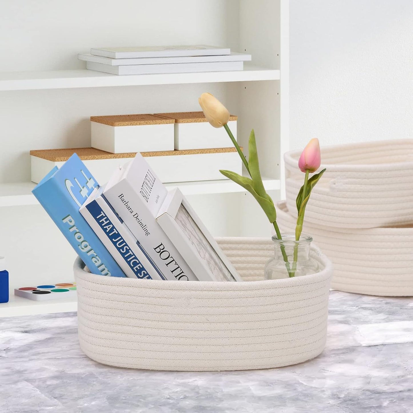 7 Piece Cotton Rope Woven Basket Set - Small Basket for Baby Nursery, Pets, Montessori, Dog & Cat Toy Boxes, Bathroom Organization Bins (White)