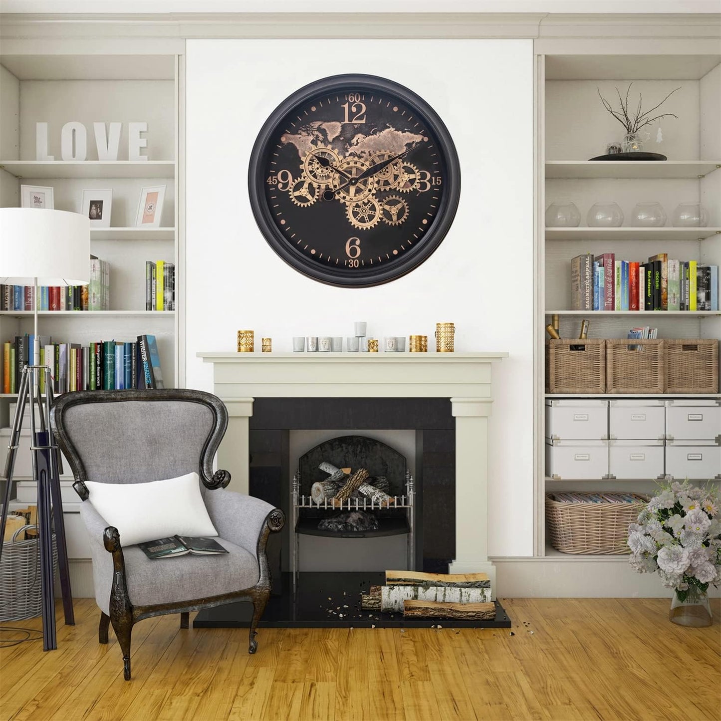 CLXEAST 24 Inch Moving Gear Wall Clock with World Map Pattern,Large Black Gold Metal Wall Clock for Modern Farmhouse Living Room Decor,Reloj De Pared para Sala