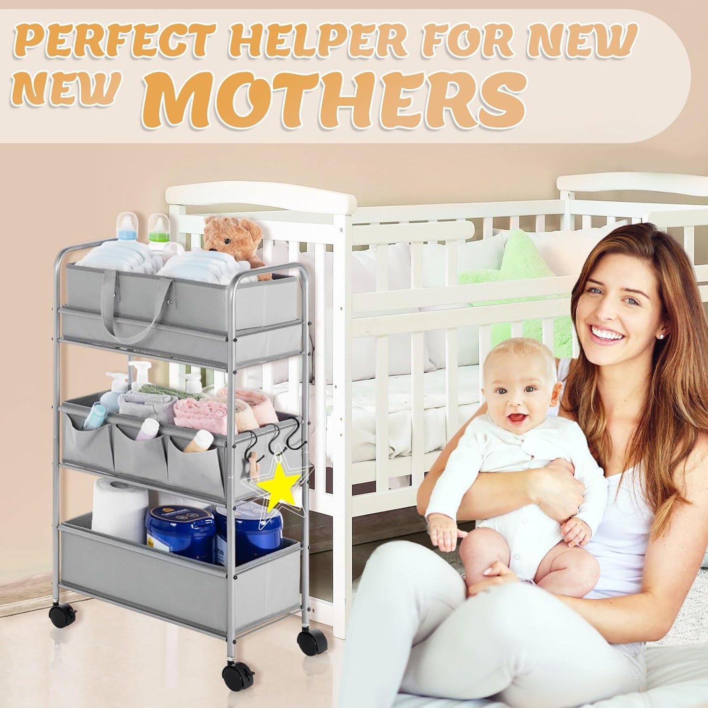 Honeydak 2in1 Baby Diaper Caddy Organizer Cart 3 Tier Large Capacity Metal Utility Bedside Rolling Cart with Divider for Newborn Nursery Essential Must Have for Crib Bedroom Baby Shower(Gray)