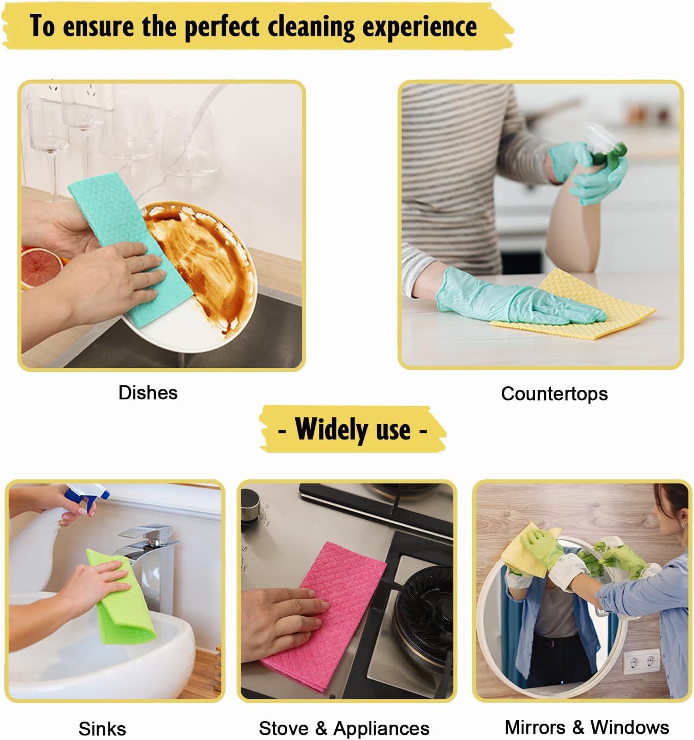 Swedish Dishcloths for Kitchen | 10 Pack Cellulose Sponge Dish Cloths Washable | Non-Scratch Reusable Towels Rags Ultra-Absorbent Cleaning Cloths Quick Drying