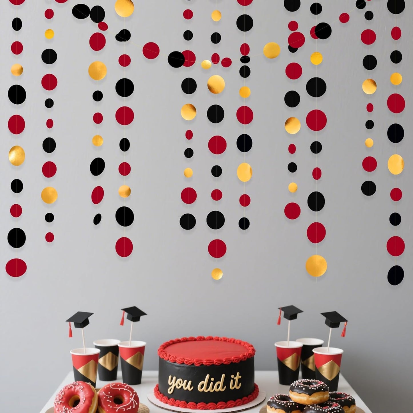 Gold Black Red Party Decorations Circle Dots Streamer Hanging Paper Polka Dots Garland for Graduation Birthday Wedding Anniversary Baby Shower Holiday Pirate Poker Casino Las Vegas Party Supplies