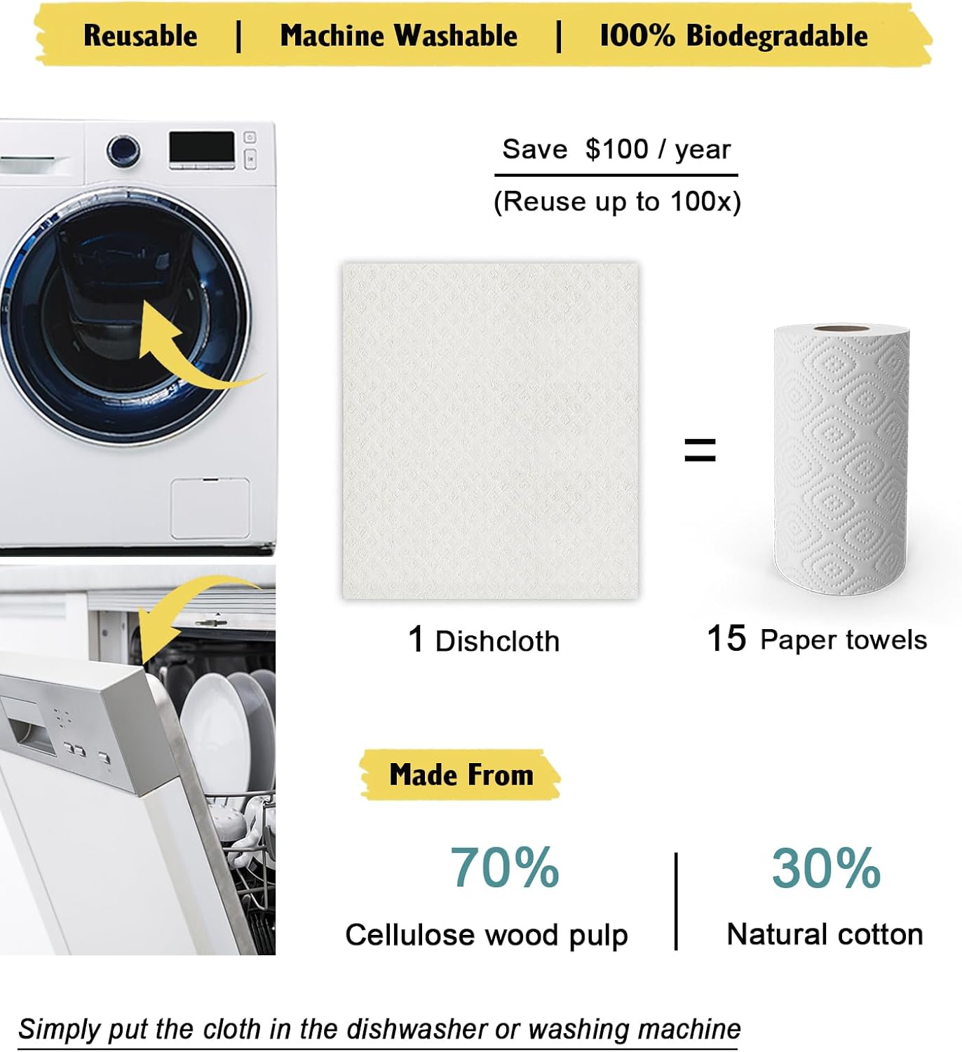 Swedish Dishcloths for Kitchen | 6 Pack Absorbent Cellulose Sponge Cloths Washable | Non-Scratch Reusable Paper Towels Quick Drying Cleaning Cloths - White