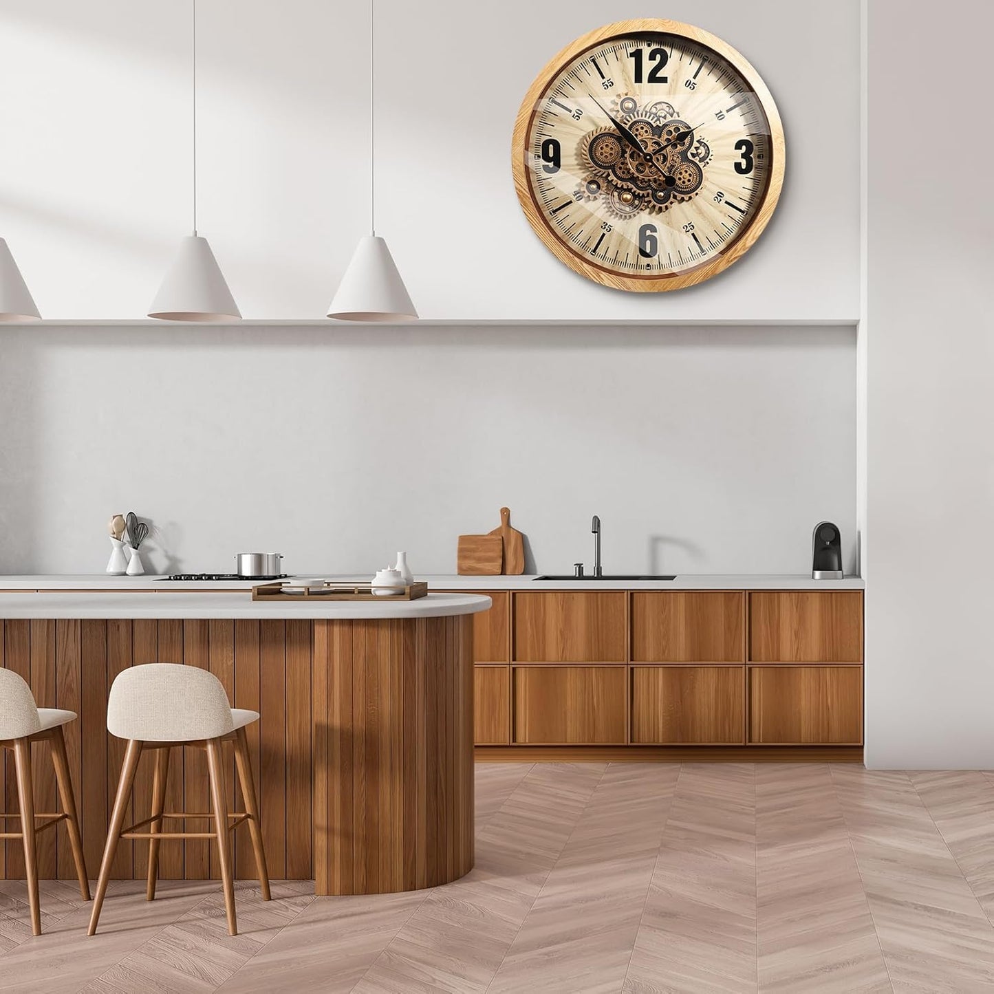 Wall Clocks for Living Room Decor, Large Real Moving Gears Clock, Vintage Industrial Oversized Rustic Farmhouse Kitchen Office Fireplace Wall Decor (Wood Tone, 27 inch)