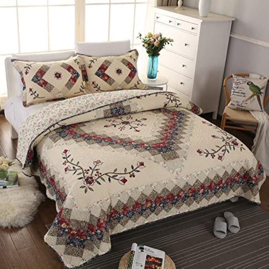 Beige Floral Embroidered Quilt Set King Size 100% Cotton Ethnic Patchwork Bedspread Coverlet Country Rustic Embroidery Reversible Geometric Bedding Cover Set Soft Cotton Comforter Cover,3pcs