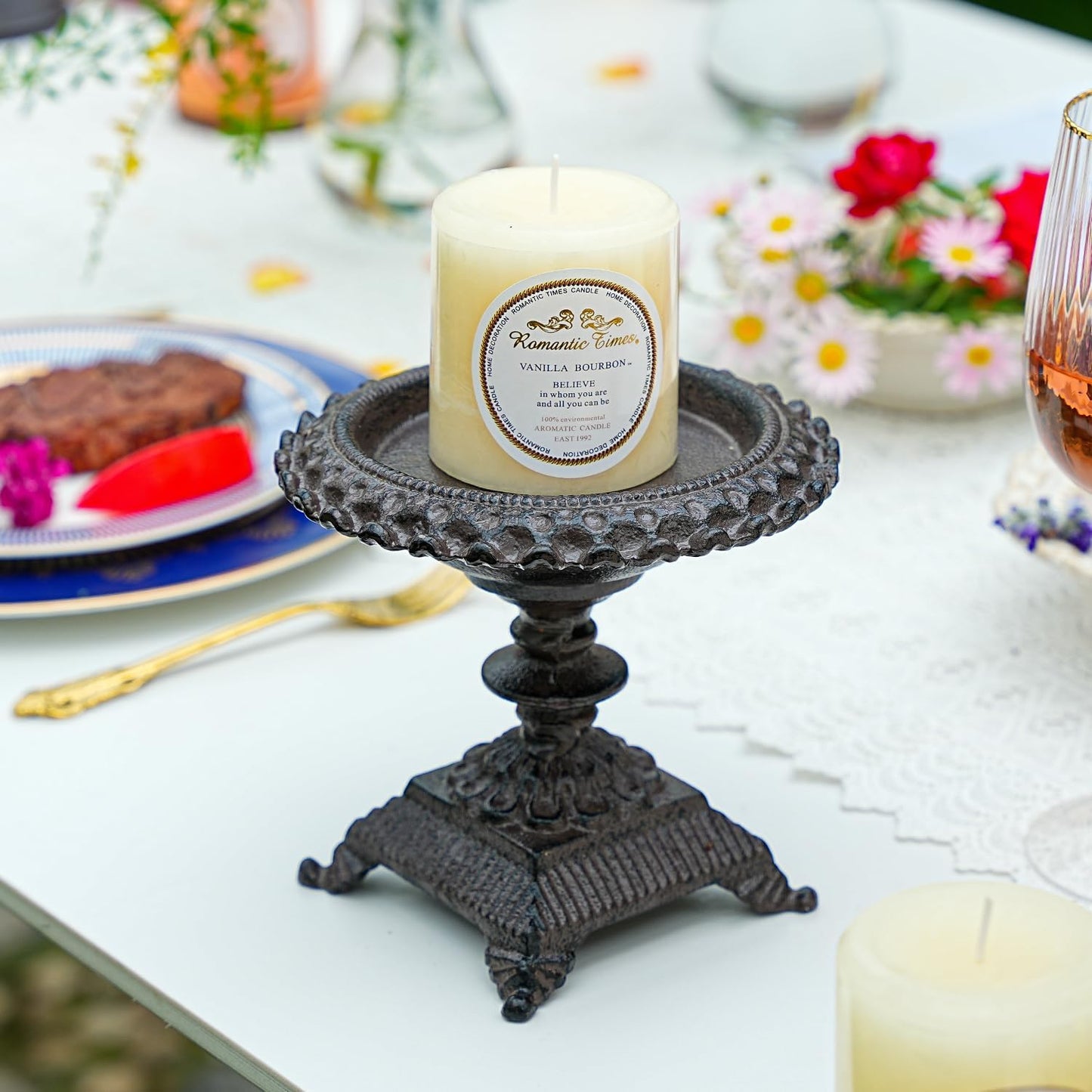 Sungmor Cast Iron Candle Holder - Rustic Style Decorative Pillar Candle Holders, Center Pieces Decoration for Table, Modern Farmhouse French Country Decor, 6.5" Candle Stand Fits Multi-Size Candles