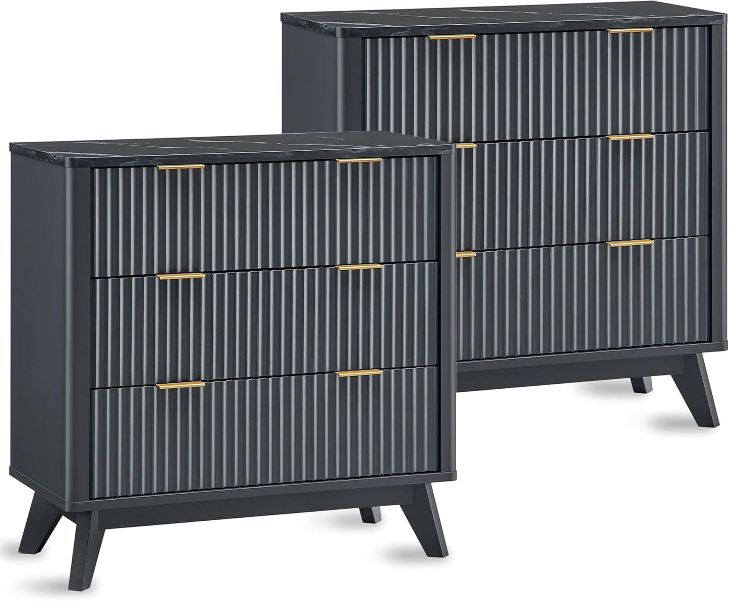 T4TREAM 32" Tall Fluted Nightstand Set of 2, Modern Side Table with Faux Marble Top, 3 Drawers End Table w/Storage, Bedside Table for Bedroom, Living Room, Curved Profile Design, Dark Grey