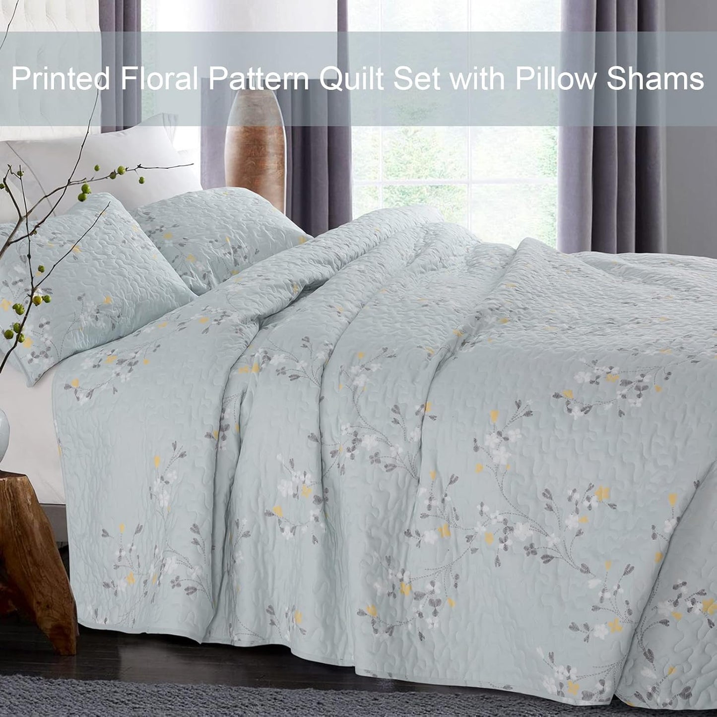 Exclusivo Mezcla Reversible Boho Quilt Set Queen Size, 3 Pieces Flowers Light Blue All Season Bedspreads, Ultra Soft Floral Coverlet Bedding Set with Printed Pattern (1 Quilt, 2 Pillow Shams)