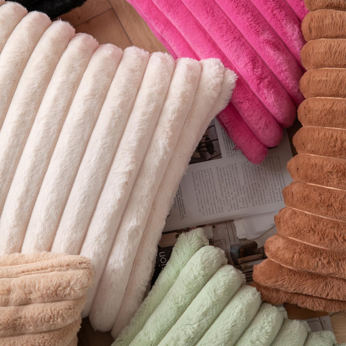 DEELAND Pack of 2,Double-Sided Faux Fur Plush Decorative Throw Pillow Covers Fuzzy Striped Soft Pillowcase Cushion Covers for Sofa Couch Bedroom Beige 20x20 inch