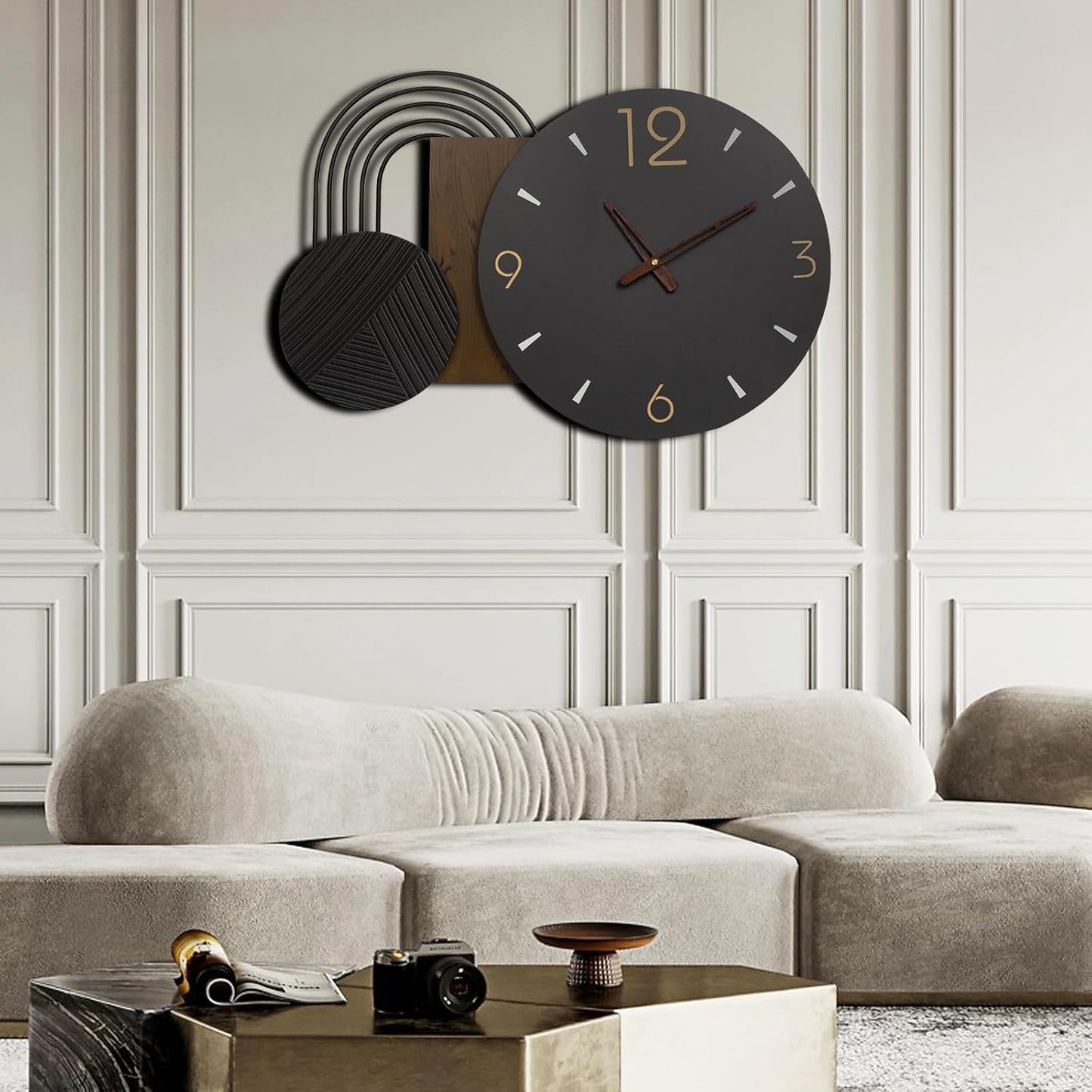 Wall Clock Modern Battery Operated Black Big Clocks Metal& Wood Retro Style Large Wall Watch Metal Walnut Dial Wall Clock Perfect for Modern Home,Office 26inchX18inch