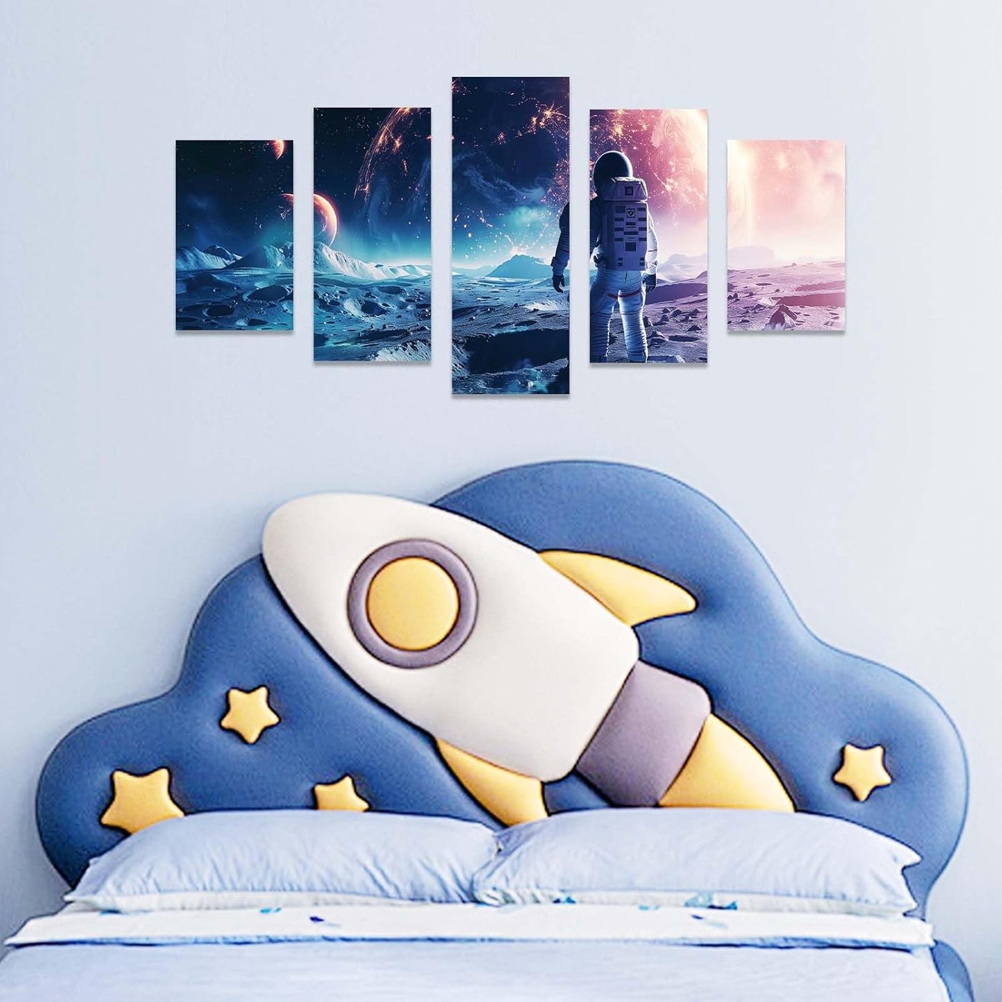SNAIL GARDEN 5 Pcs 3D Luminous Universe Astronaut Wall Stickers,Glow in The Dark Wall Decals,Self-Adhesion Space Themed Wall Decor,Solar System Decal for Room,Space Room(Blue Light)