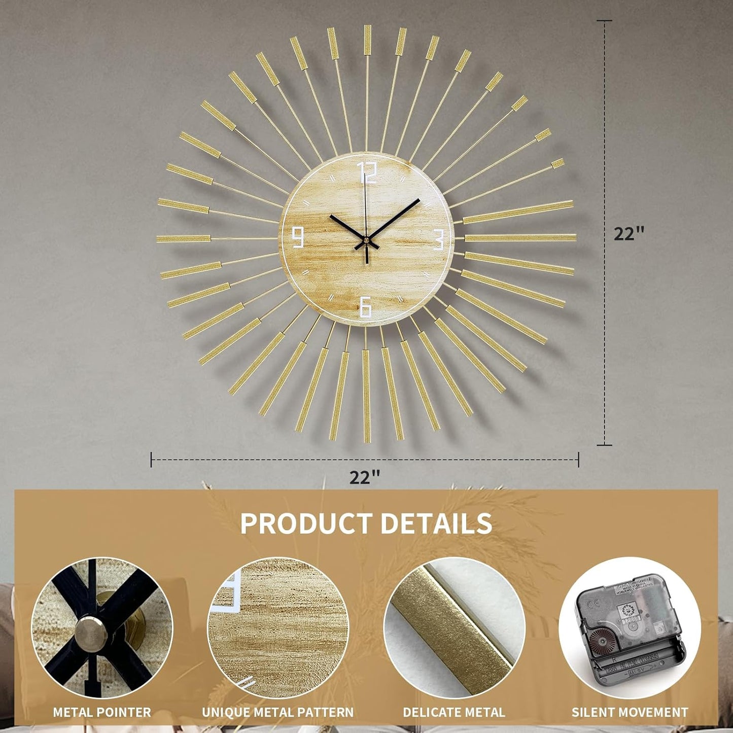 Large Starburst Wall Clock Mid Century Battery Operated Sunburst Clock Modern Wall Clocks Round Gold Wall Clock Non-Ticking Clock for Living Room Bedroom Kitchen Office-23.6inch