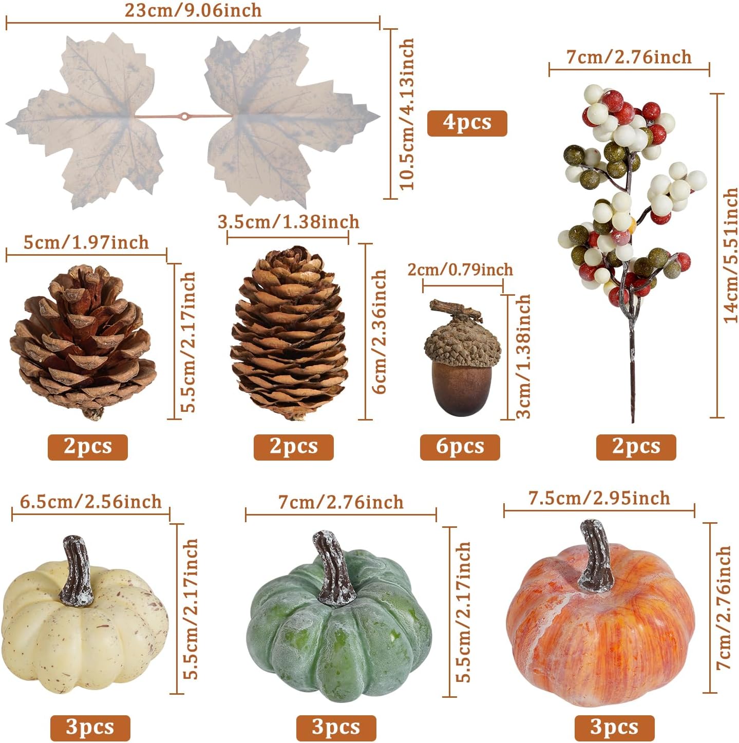 Artmag 25 PCS Pumpkin Decor Set, Artificial Pumpkins Fall Decor for Halloween Thanksgiving Decorations with Acorns, Pinecones, Berries, Maple Leaves for Home Table