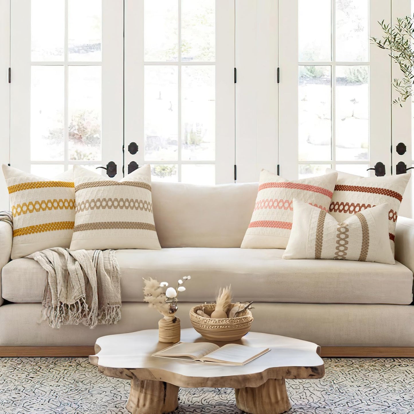 MIULEE Set of 2 Mustard Yellow Boho Decorative Pillow Covers 20x20 Inch Farmhouse Rustic Couch Throw Pillows Modern Spring Cotton Cushion Covers Retro Cute Macrame Woven Home Decor for Bed Sofa Chair