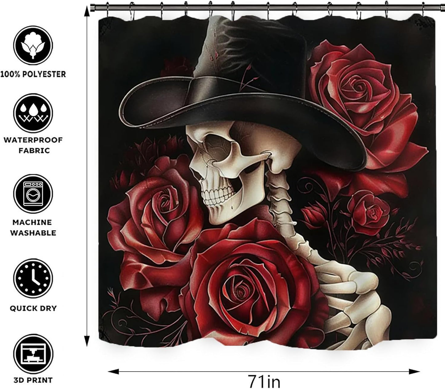 NEWSUYAA Halloween Decorations Shower Curtain Set with Non-Slip Rugs and Bath Mats,Black Skull Skeleton Bathtub Curtains with 12 Hooks,All Saints'Day (Nov 1st) Bathroom Decor