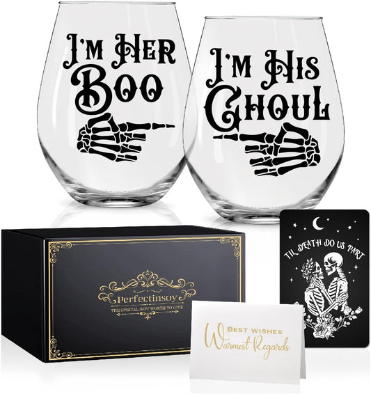 Perfectinsoy Skull Wine Glass 2 Piece with Gift Box, Zombie Design, Valentine's Day Autumn Halloween, Anniversary Wedding Gifts, Couple Gifts for Boyfriend and Girlfriend. (Her His Set of 2)