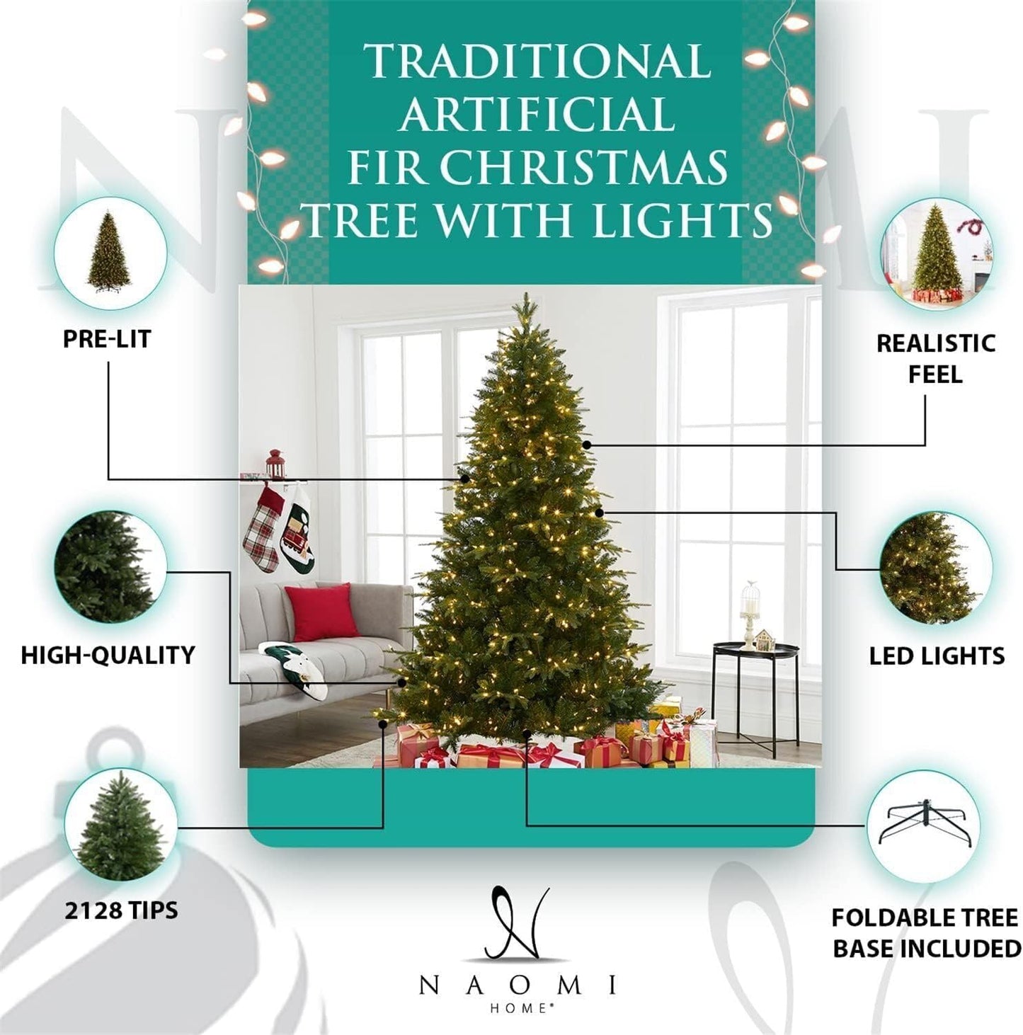 Traditional Artificial Fir Christmas Tree with Lights by Naomi Home Green/6.5 ft/Included