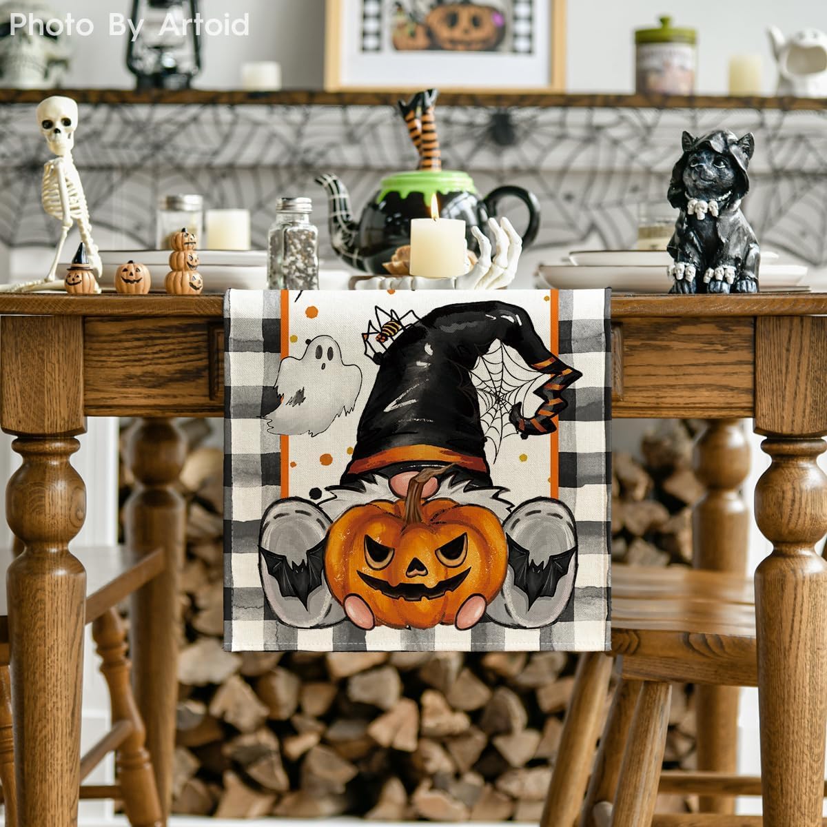 Artoid Mode Buffalo Plaid Gnome Bat Pumpkin Ghost Halloween Table Runner, Sensonal Kitchen Dining Table Decor for Home Party 13 x 120 Inch