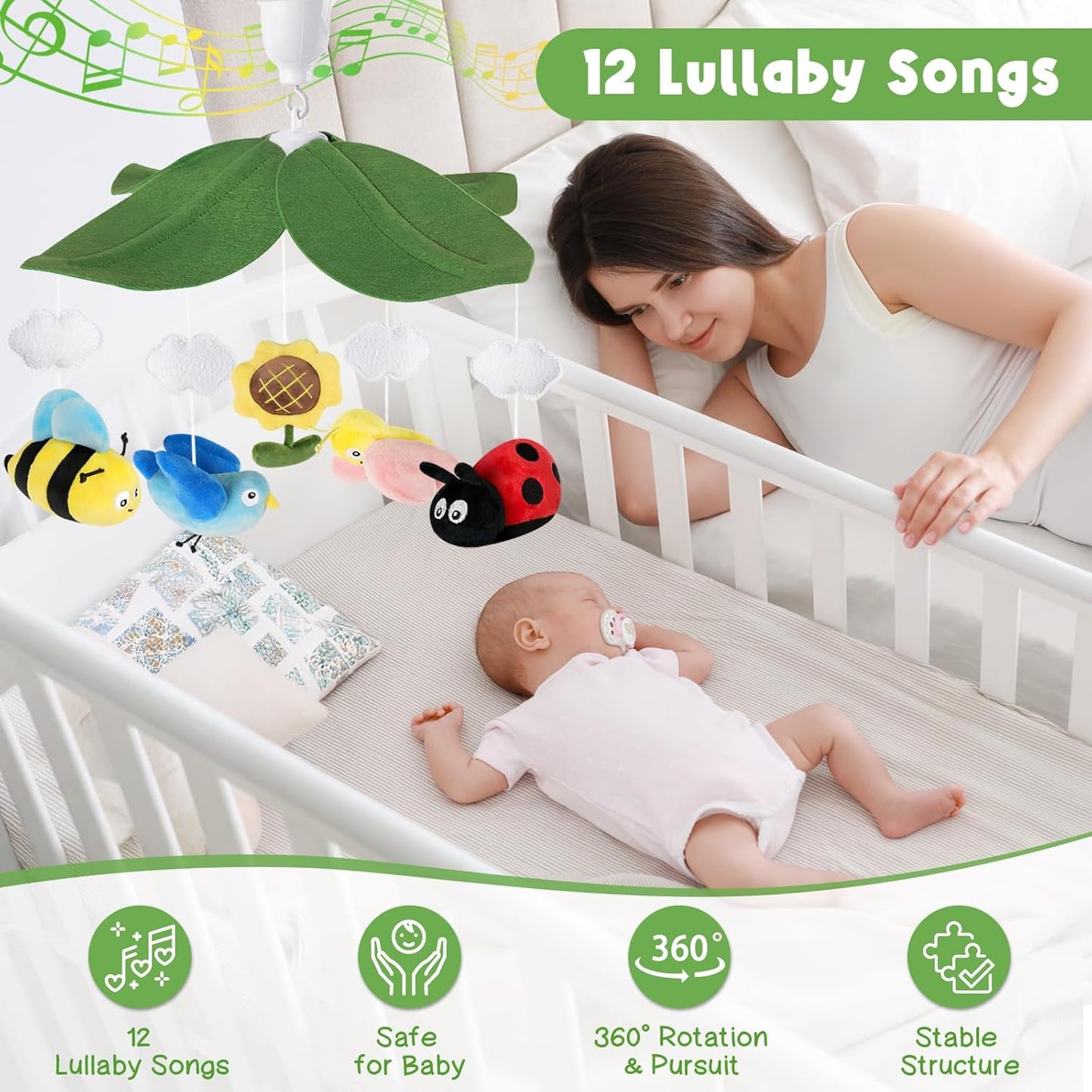 Garden Friends Crib Mobile – Baby Mobile for Crib with Upgraded 3-Mode Music Box, Colorful Baby Mobile with Butterfly, Bee and Bird for Boys & Girls, Nursery Mobiles, Fits Standard Cribs