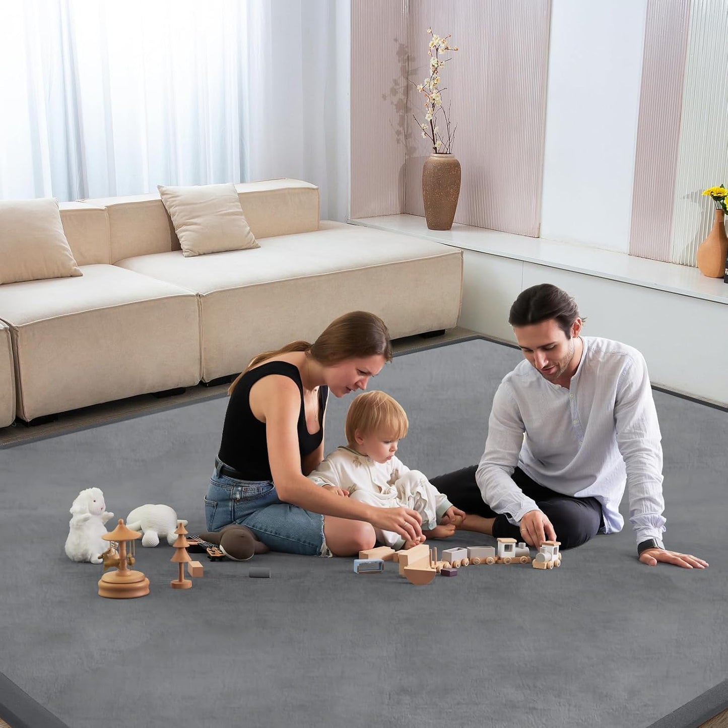 Baby Play Mat for Floor Tummy Time Mat Nursery Muscle Area Rug Playroom Rug Tatami 79"x138" Memory Foam 1.3" Thick Crawling For Babies,Toddlers, Infants, Kids,Floor(Grey)