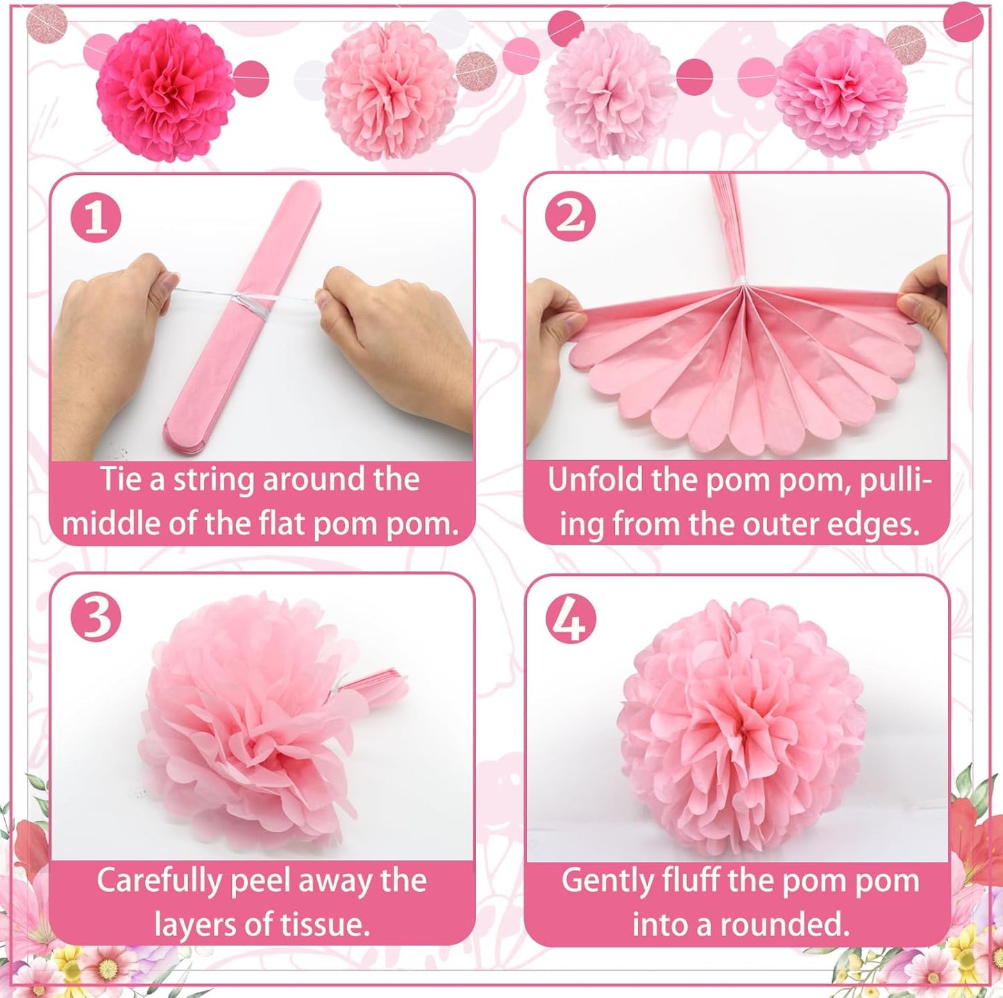 Pink Party Decorations,16 PCS Tissue Paper Pom Poms Dots Paper Garland Hanging Decoration for Pink Theme Birthday Decorations Bridal Shower Wedding Engagement Gender Reveal Celebration