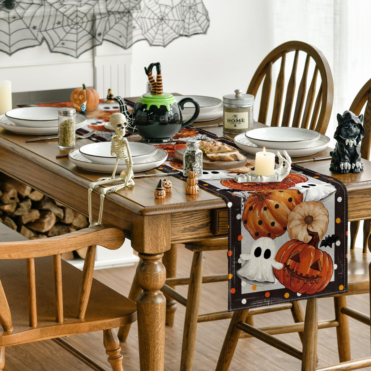 Artoid Mode Jack-O'-Lantern Pumpkin Ghost Spider Web Halloween Table Runner,Holiday Kitchen Dining Table Decoration for Home Party Decor 13 x 108 Inch